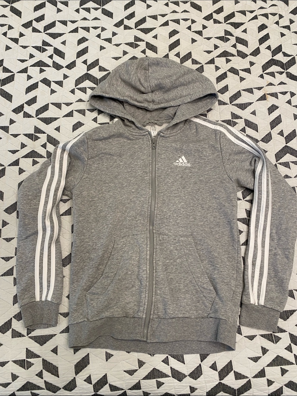 adidas XS Gray Hooded Full-Zip Jacket with White Stripes